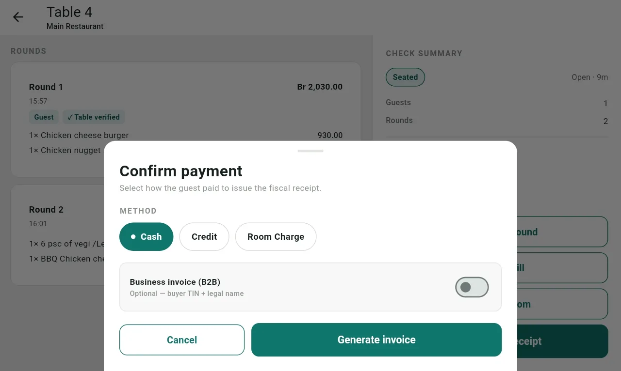 Cache payment confirmation with cash, credit, room charge, and business invoice controls