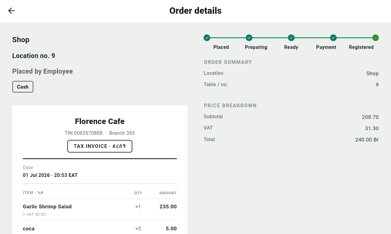 Cache order detail tracing placed, preparing, ready, payment, and registered fiscal states beside a bilingual tax invoice
