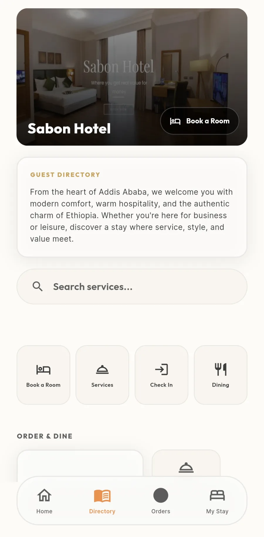 Cache mobile hotel guest directory with booking, services, check-in, and dining