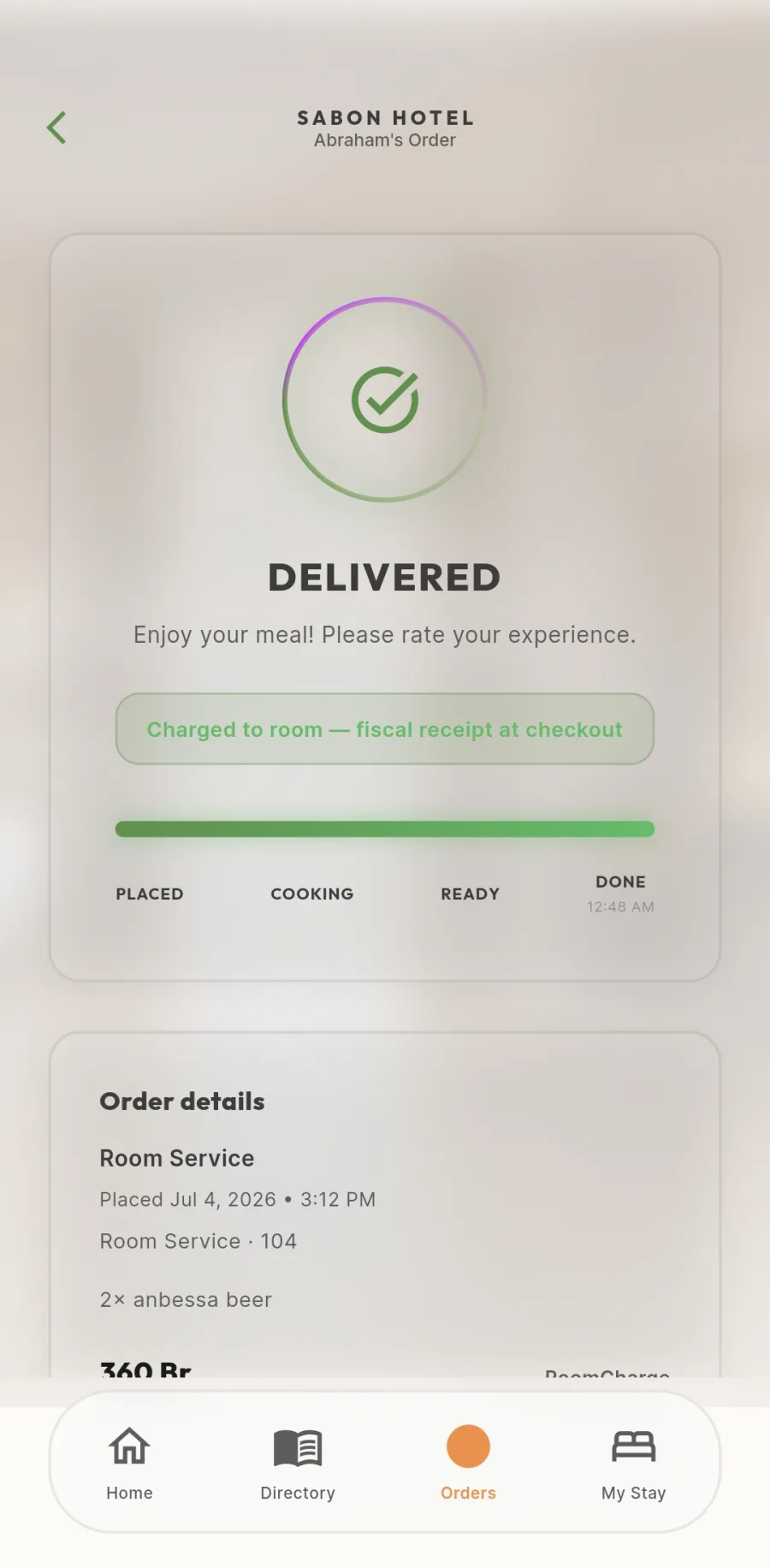 Cache guest order tracker showing a delivered room-service order charged to room with a fiscal receipt at checkout