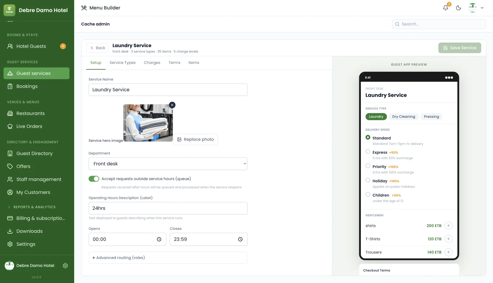 Cache hotel guest-service editor with a live mobile guest preview