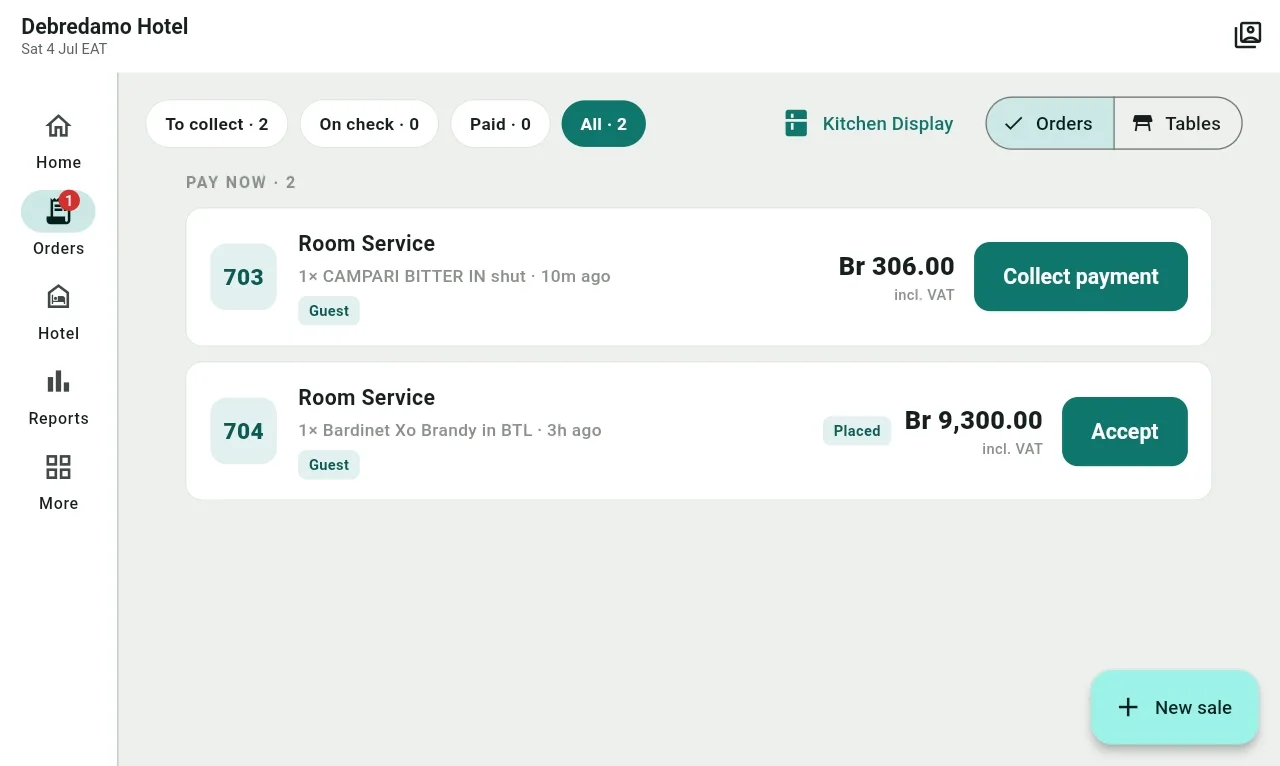 Cache hotel room-service order board with collection and acceptance actions