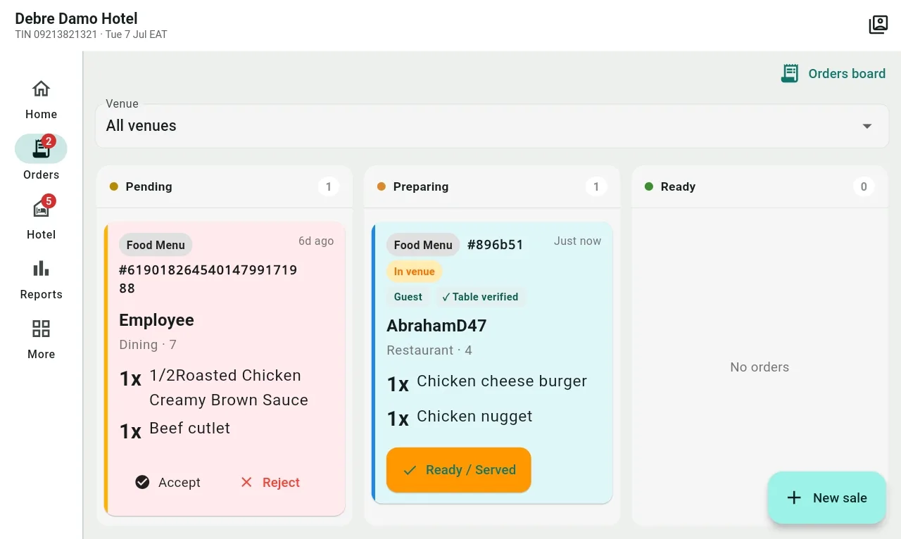 Cache kitchen display on a staff tablet with pending, preparing, and ready order columns