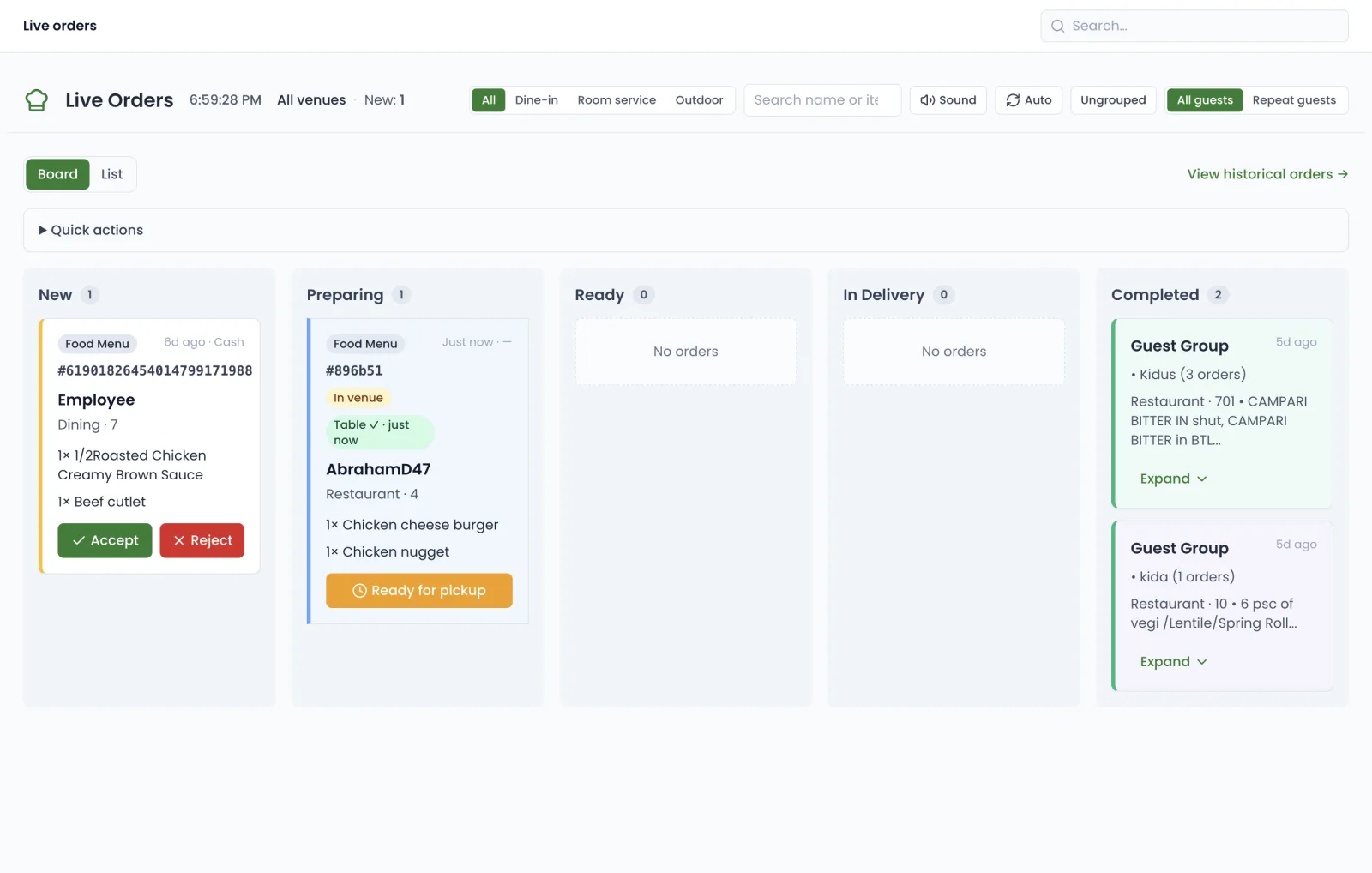 Cache kitchen display board in a browser with new, preparing, ready, delivery, and completed columns