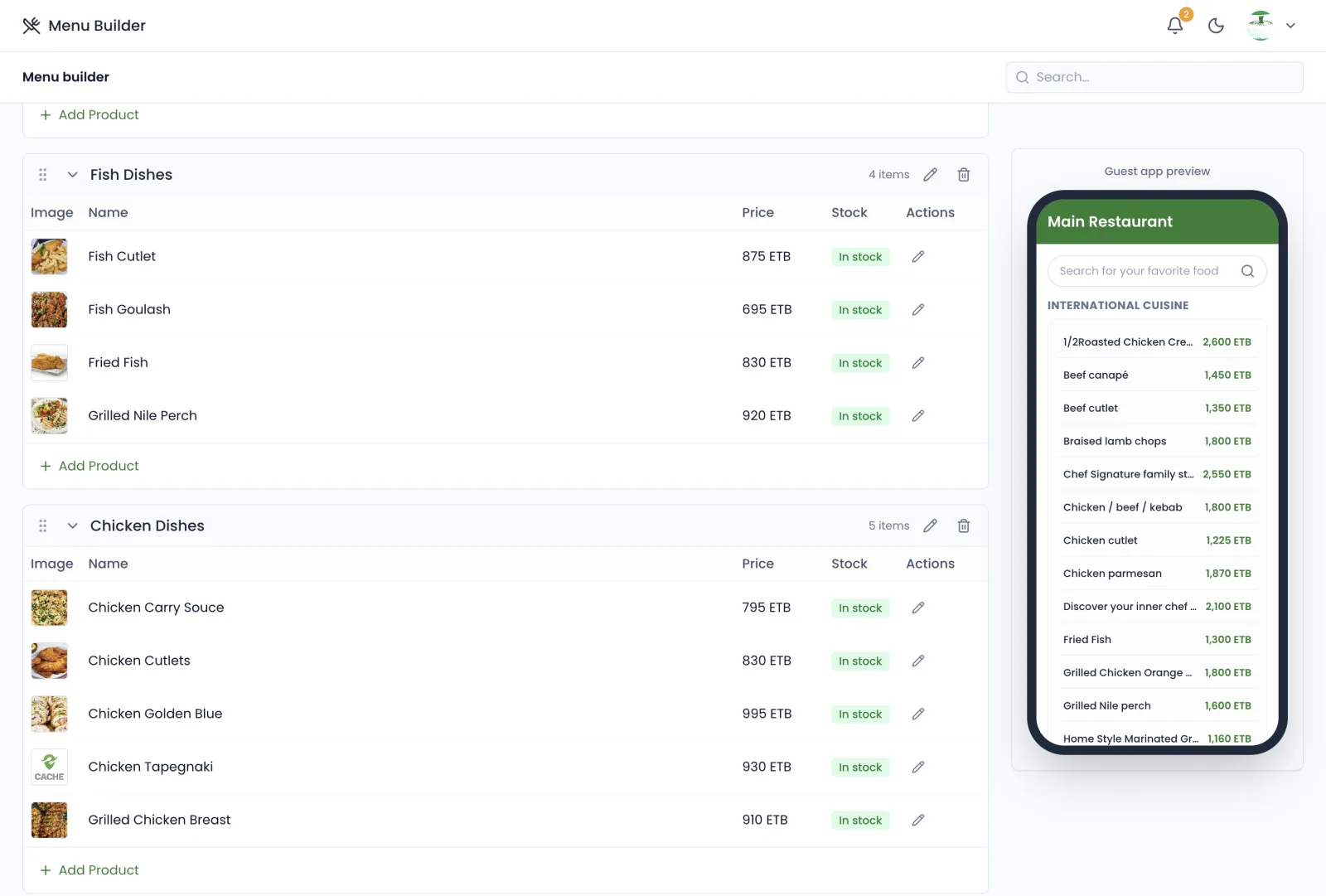 Cache menu builder with Excel bulk import and a live guest menu preview