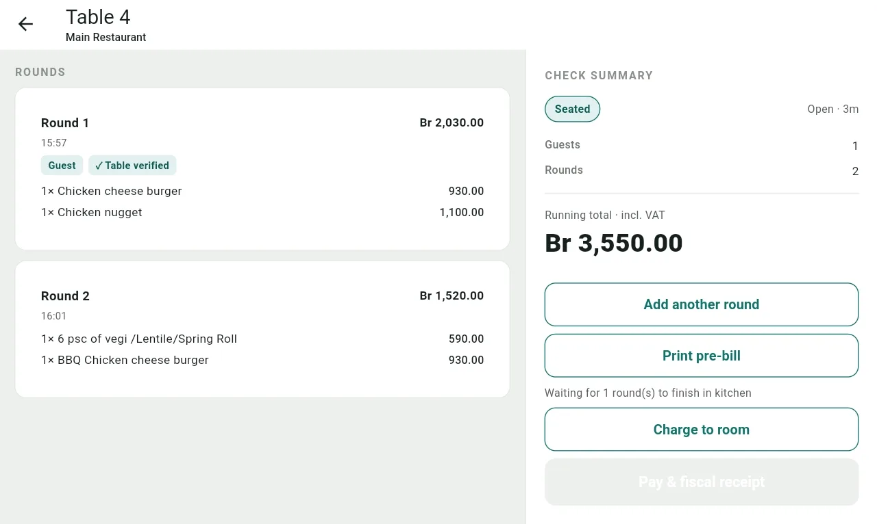 Cache table check with two guest rounds on one bill, running total, charge to room, and fiscal receipt actions